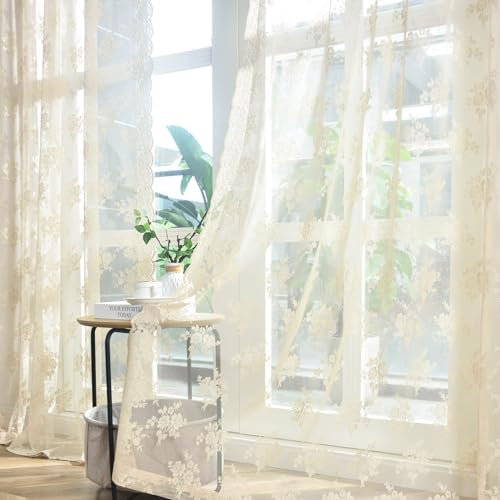 Kotile Beige Spitzenvorhänge, 228 cm lang, für Wohnzimmer, 2 Paneele, Landhausstil, rustikales Blumenmuster, Vintage, Beige, durchscheinende Vorhänge für Schlafzimmer, Stangentasche, Sichtschutz,