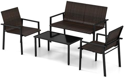 LIFEZEAL Conjunto de 4 Muebles de jardín, Mesa de café de Cristal y 2 sillas de PE ratán y 1 Silla Doble, Grupo de Asientos con Banco de jardín para balcón y Patio Trasero (Marrón)