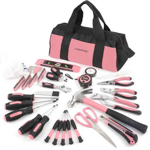 COMOWARE 218-teiliges rosa Heimwerkzeug-Set, einfaches Haushalts-Handwerkzeug-Set mit Tasche, Damen-Handwerkzeug-Set für Frauen, Heimreparatur-Werkzeug-Set für die Wartung zu Hause, den täglichen