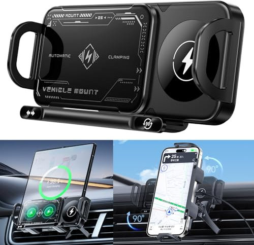 2024 High Intelligent Mobile Phone/Pad Holder, Kabelloses Autoladegerät Handyhalterung, 2 in 1 Automatisch Drehbar Tablet Halterung Auto, 15W Magnetisches Autoladegerät für Faltbare Handys (Schwarz)