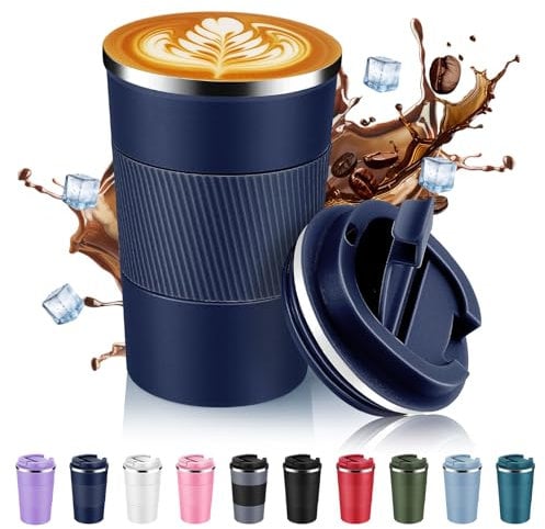 Volhoply Tasse à café de voyage isotherme en acier inoxydable de 390 ml avec couvercle à rabat, tasse à café réutilisable à double paroi sous vide, portable pour boissons chaudes et froides (bleu
