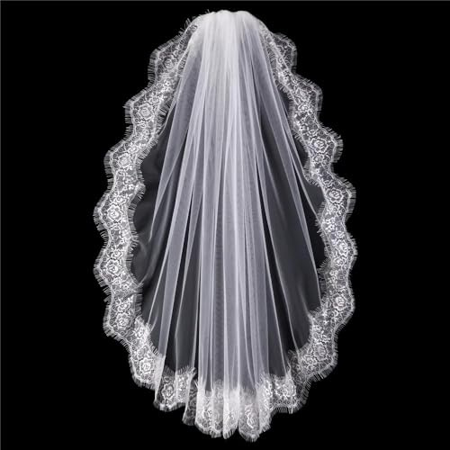 Weiß Elfenbein Kurz Hochzeit Schleier Spitze Rand Braut Haar Zubehör Mantilla(Ivory)