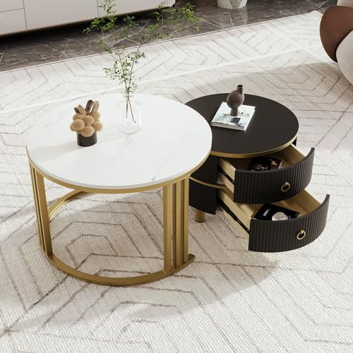 Merax Rund Couchtisch Set, 2-in-1 Beistelltisch Satztisch 2er Modern Wohnzimmertisch mit Stauraum, weiße Marmorplatte/Metallgestell/2 Schubladen, für Wohnzimmer Büro(Schwarz)