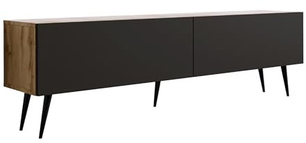 3E 3xE living.com Meuble TV : Deux Portes, Deux étagères, Couleur : Chêne Wotan/Noir Mat, Pieds Noirs D : L : 170 cm, H : 52 cm, P : 32 cm