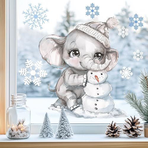 Sunnywall Fensterbilder Winter für Kinder Tiermotive in Winterszene als statisch haftende Fenstersticker, WIEDERVERWENDBAR (Elefant, A4 Bogen)