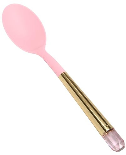 Paris Hilton Solid Spoon with Pink Jewel Shaped Handle, Heat-Resistant up to 400°F, Dishwasher Safe Kitchen Tools and Utensil, Pink and Gold