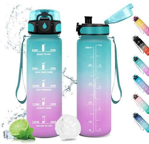Gourde Enfant 500ml, Bouteille Plastique sans BPA, Gourde Sport, Étanche & Réutilisable, Gourde Sport, Gourde Motivation pour Enfant, Adulte, Cyclisme, Bureau, l'école, Camping, Yoga, Gym, Sport