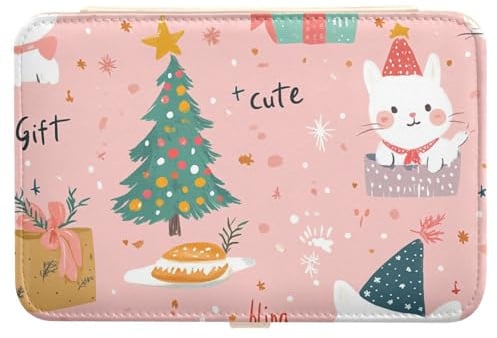 Étui de rangement portable en cuir pour bijoux de Noël - Motif chat mignon - Couleur rose pâle - Boîte de rangement de bijoux pour femme - Cadeau personnalisé