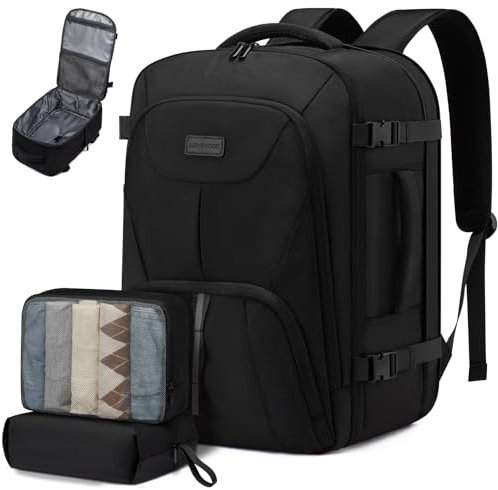 LOVEVOOK Handgepäck Rucksack Herren 50L, Erweiterbares Reiserucksack Flugzeug Extra Groß Travel Backpack Rucksack für 18 Zoll Laptop Kofferrucksack Cabin Bag für Reise Weekender, Schwarz