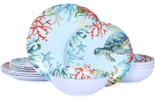 Gofunfun 12-teiliges Melamin-Geschirr-Set, Schildkröten-Geschirr-Set, Ozean-Teller und Schüsseln, für drinnen und draußen, unzerbrechlich, leicht, Geschirr-Set – Schildkröte