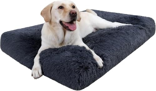 DONWEI Hundebett Flauschig, Orthopädisches Hundebett, Hundekissen Waschbar, Langem Plüsch Hundematte mit Abnehmbarer Deckel, rutschfest Hundematratze für Kiste, 100x60x10CM, Dunkelgrau