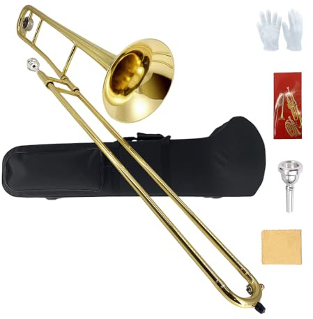 ModouString Bb Tenor Slide Trombone – B Flat Brass Trombone with Gold Lacquer Finish- Includes Hard Case, Mouthpiece & Cleaning Kit – Fit for Musicians and Beginners（12.7 mm & 205 mm）