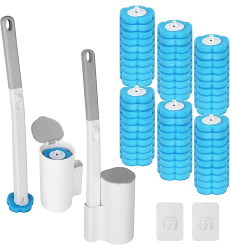 YeeQo Escobillas de baño Desechables, Mangos Dobles extendidos y Soportes Dobles, Contiene 60 Cabezales de Cepillo detergente Desechables. escobilla WC para inodoros, bañeras, lavabos (Azul)