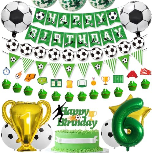 Fußball 6 Geburtstag Deko Set-Grün Folienballon 6,Folienballons Fußball,Latexballons Grün,Trophäe Luftballon,Konfetti Luftballons Green,mit Tortendeko, Ballonband,für 6 Jahre Kinder Anniversaire Party