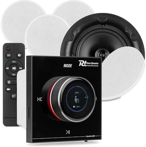 Power Dynamics B100B Bluetooth Deckenlautsprecher 4er Set - 4X Einbaulautsprecher 6,5 Schwarz – 100W Verstärker – Unterputzradio, 55mm Tief - Radio, USB & SD für Wohnzimmer, Büro, Gastro