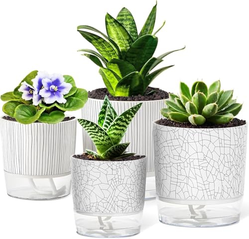 KAHEIGN 4 Pezzi Vasi Autoirriganti, 11CM + 14CM Marmo Vaso per Fiori in Plastica da Giardino con Foro di Drenaggio e Serbatoio di Grande Capacità - Vasi per Aloe Erbe Orchidea Piante Succulente