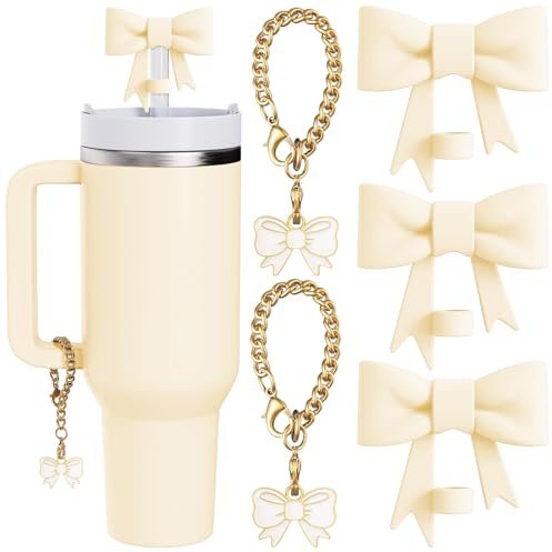 BellaBlend Kompatibel mit Cup Zubehör – 3 Teile 10 mm Bow Straw Topper Kompatibel mit Cup Strohdeckel, 2 Stück White Bow Charms für 30 &40 oz Tumbler mit Griff
