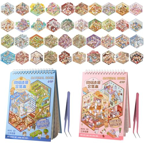 40 Stück 3D House Stickers Scene Set, Stickerbuch Wiederverwendbar con 40 Mini-Hausmodelle 58 PET-Sticker 2 Zangen, Sticker Therapy, DIY-Aufkleber für Basteln(Blau/Rosa)