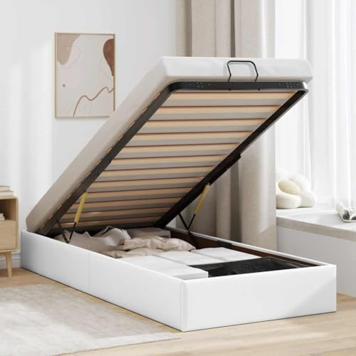 Owoxanthellate Einzelbett 90x190 cm Kunstleder weiß mit Stauraum unter dem Bettgestell Modernes Ottoman-Bett ohne Matratze Hydraulischer Hebemechanismus für Gästezimmer Jugendzimmer