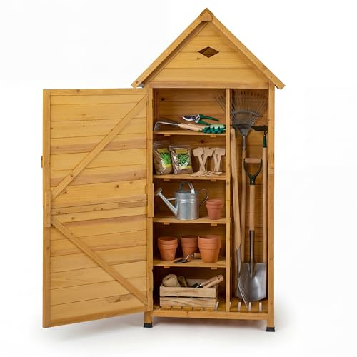 GYMAX Armoire de Jardin Exterieur en Bois Massif pour Rangement d'Outils, 4 Étagères Amovibles, Porte Verrouillable, Toit Pente, Abri de Jardin 81 x 46 x 174 cm