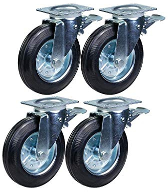 Parnells 200mm Rubber Waste Bin Castors, Swivel Braked Set of 4, 800kg