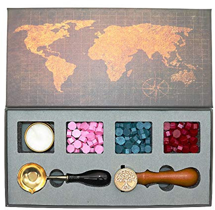 BITEYI Wachssiegel Stempel Set,Siegelstempel Set mit Siegelwachsperlen,Messing Siegel Stempel,Siegelwachs Löffel,Geschenkset (Lebensbaum)