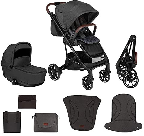 skiddoü Kinderwagen 2in1 Moss, Babywanne, multifunktional Buggy, verstellbare Konstruktion, regulierbar, stoßgedämpfte Räder, Moskitonetz, Fußschutz, Regenschutzfolie, Tasche, schwarz, 3 beutel