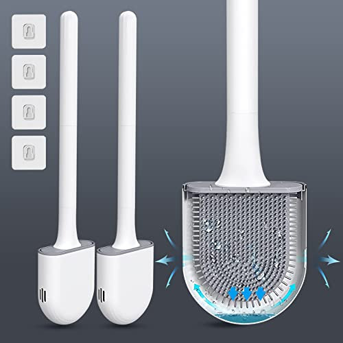 2PCS Silicone Toilet Brush Bathroom Bowl Toilet brushes and holders Set Bristle with No-Slip Long Handle Quick Drying Holder Toilet Brush Kit with Base for Anti-drip Clean Toilet Corner Easily