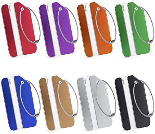 VOCIBO® 8 Stück Kofferanhänger Aluminium mit Adressschild, Gepäckanhänger Kofferschilder Anhänger inklusive Privatsphäre Namensschild und Edelstahlkabel, 8 x 4 cm, 8 Farben