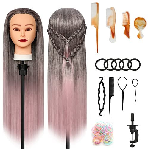 XINMEIFA Styling Head 28 inch Training Head 100% Synthetic Fibres Hairdressing Head Hairdresser Training Heads with Free Clamp and DIY Braiding Set (Gradient powder)