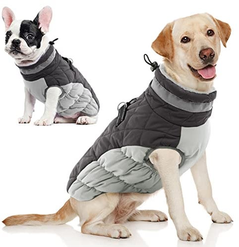 AOFITEE Großer Hundemantel, Warme Hundewinterjacke mit Eingebautem Geschirr, Reflektierender Hundemantel Schneeanzug für den Winter, Winddichte Hundefleecejacke für Französische Bulldogge