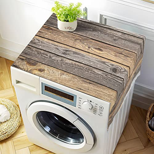 Housse de machine à laver vintage en bois - 130 x 55 cm - Antidérapante - Pour chargement frontal - Étanche - Anti-poussière - Avec 4 sacs de rangement - Décoration d'intérieur