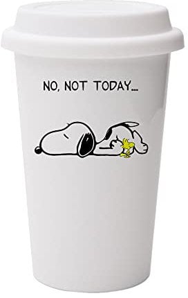 Giftme No Not Today Snoopy Dog Birthday, Christmas, Secret Santa Stocking Filler 10oz Dual Wall Eco Insulated White Ceramic Travel Mug with White Lid.