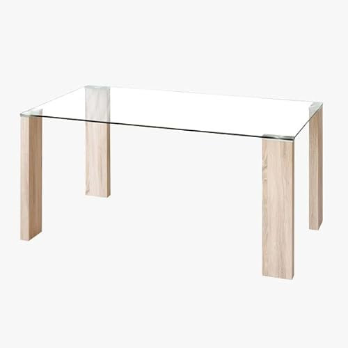 MerkaHome - Mesa de Comedor Cristal 140x90 cm Patas Efecto Madera Gabriela