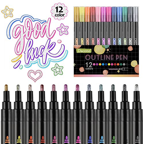 Dacono Outline Stifte, Doppelte Linie Umriss Stifte,12 Farben Selbstumreißende Metallic Marker, Umrissmarker Stifte für Kunst, Zeichnung, Grußkarten, DIY Kunsthandwerk, Poster, Malerei