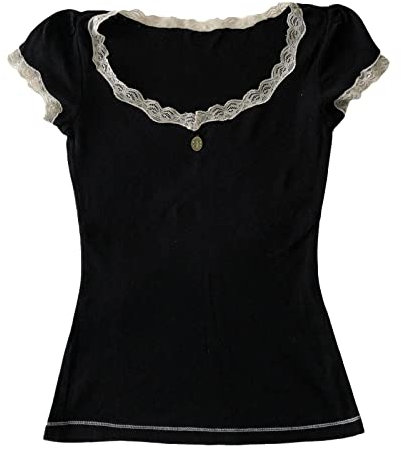 Y2k Long Sleeve Lace Crop Top Fairy Grunge Tee Shirt Patchwork Slim Fit T-Shirt Cute Kawaii Aesthetic Streetwear Fake 2 Piece Tops (Black-b, L)