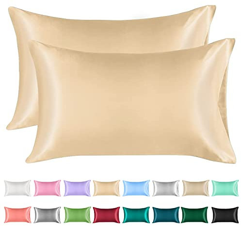 Lirex 2er Set Satin Kissenbezug 40x70cm, kissenbezüge, Weich wie Seiden Kissenbezug, Satin Kopfkissenbezug Kissenhülle für Haar und Haut kommt,Oeko-TEX Zertifiziert, Champagne