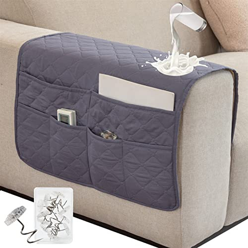 SHUOJIA Armlehnenbezüge,Armlehnenschoner Wasserdichter,mit 6 Taschen für Couch oder Sessel Bett Storage TV Fernbedienung Halterung (Plaid-Gray)