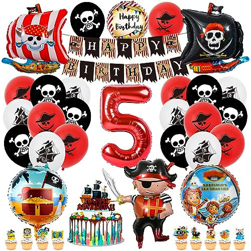 Piraten Geburtstag Deko Set 5 Jahre,Piraten Kindergeburtstag Luftballons 36 Stück,Piratenschiff Ballon,Piraten Thema Folienballons,Happy Birthday Banner,Tortendeko, Piratenparty Dekoration