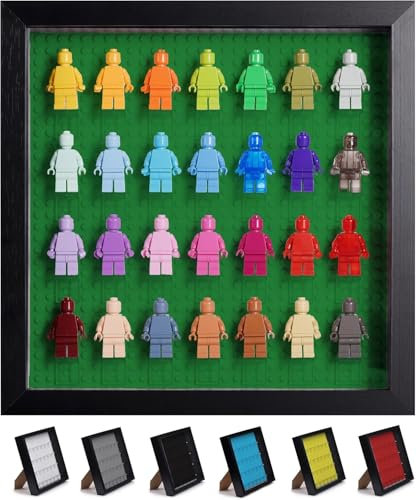 Minifiguren Vitrine Wandhalterung Kompatibel mit Lego Minifiguren – Shadow Box Acrylic Display Case for Minifigure Display – Tischregal für Lego Figuren – Grüne Base Plate – Platz für 28 Minifiguren