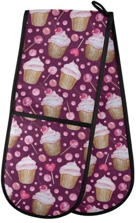 Double Oven Gloves Cupcake Lollipop Heat Resistant Pot Holder Oven Mitt Gloves for BBQ Cooking Baking Grilling Microwave