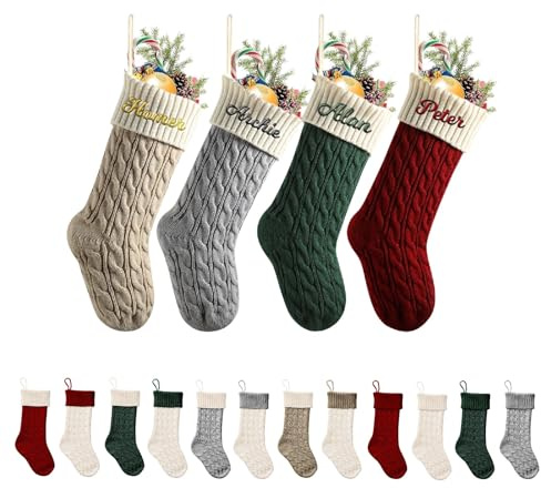 MJARTORIA Nikolausstrumpf Personalisierte Weihnachtsstrumpfe mit Namen 46cm Gestrickt Bestickte Weihnachtssocken Kamin Hängenden Strumpf für Feiertags Familienparty Dekoration,Bunt D:5Pcs