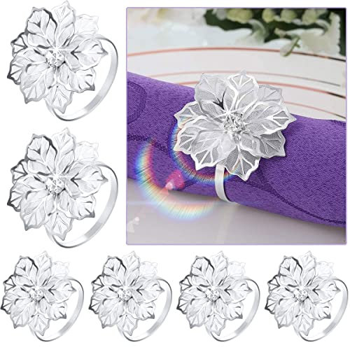 6Pcs Serviettenringe, Ausgehöhlten Blumen Servietten Halter mit Strass, Vergoldeter Makramee Servietten Ringe Set, Serviettenschnallen für Hochzeitsfeier Weihnachtsessen Jubiläum Tischdeko(silbrig)
