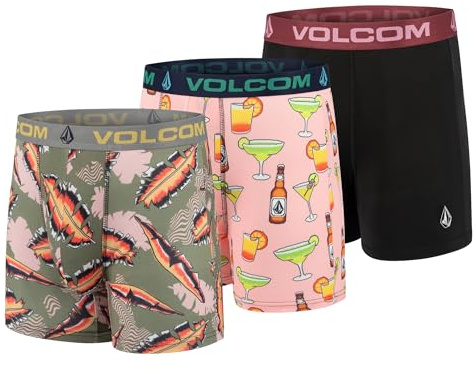 Volcom Herren-Boxershorts, 3er-Pack, Poly-Spandex, Performance-Boxershorts, Unterwäsche, Blätter/Cocktails/Schwarz, Medium