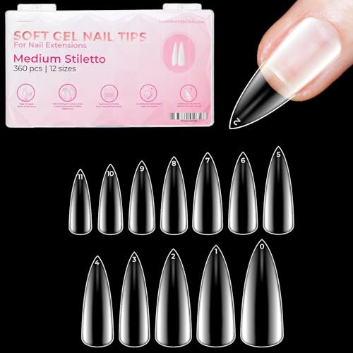 LLBA Soft Gel Nail Tips - 360Pcs Soft Gel Nail Extension Tips, 12 Sizes Clear Full Cover Fake Nails for Nail Extension, Long-Lasting Salon Quality, Natural Look & Comfortable Wear (Stiletto, Medium)