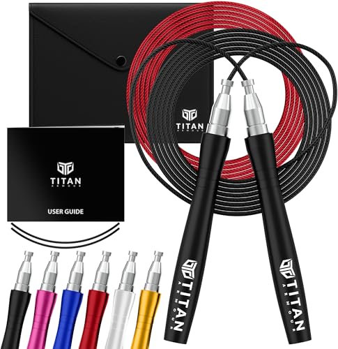 Titan Armour® Cuerda de saltar de velocidad para adultos con bloqueo automático y ajustable, 2 cuerdas de acero de 2,5 mm y 3 mm de grosor y estuche de viaje. Cuerda de saltar profesional: fitness,
