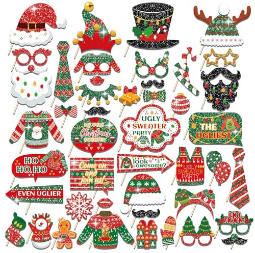 45 Stück Weihnachten Foto Requisiten,Fotobox Accessoires für Weihnachten,Tischdeko Weihnachten,Weihnachtsparty Foto Booth Requisiten Dekorationen,Weihnachten Party Deko Zubehör
