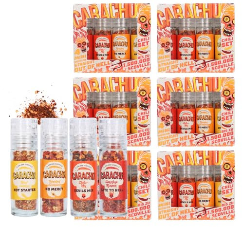 CARACHO Juego de 6 molinillos de chile, paquete de 6 unidades, Super hot Vol. 2, juego especial de chile picante, juego de regalo para hombres y mujeres y amantes del afilado