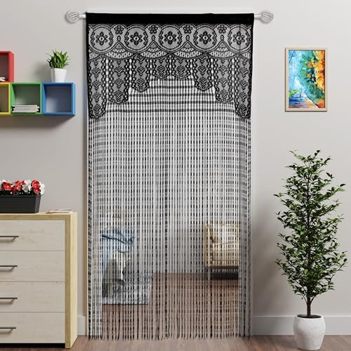 Atsweetlife 2 Pcs Lace Door String Curtain for Doorways,Bohemian Curtains Window Wall Closet Bedroom Kitchen Hippie Hanging Panels Boho Room Divider Girls Kids(Black, 39×79in