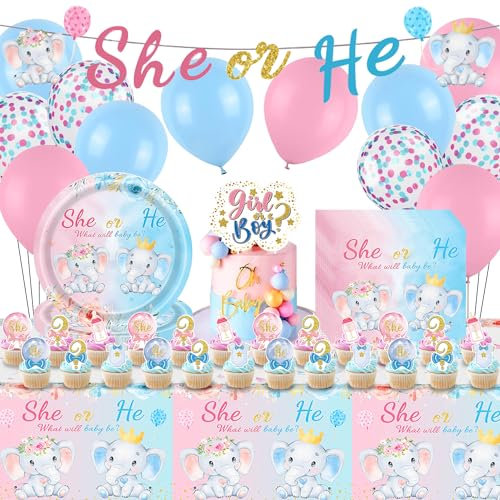 Gender Reveal Decoration Set 75 Pcs, Gender Reveal Decoration Elephant, Gender Reveal Tableware with Gender Reveal Balloons Banner, Paper Plates, Napkins, Tablecloth, Gender Reveal Party Decorations